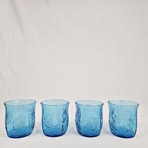 Vintage MCM Anchor Hocking Springsong Laser Blue Flower Glasses 8 oz Mid-Century